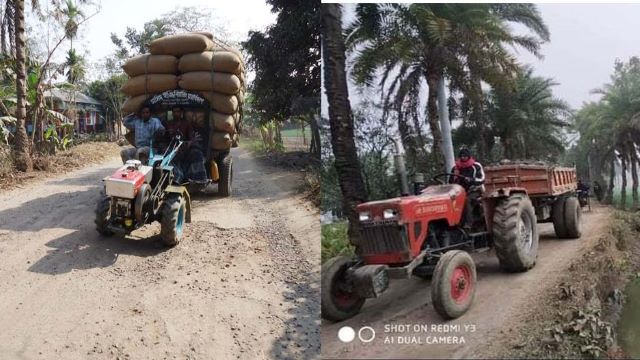 পুঠিয়ায় অবৈধ ট্রাক্টর ধ্বংস করছে গ্রামীন সড়ক